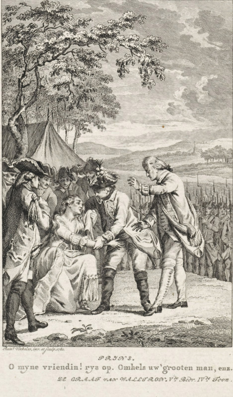 Crying woman in an army camp, print, inscription: 'Prins.', printmaker: Reinier Vinkeles (I), Amsterdam, 1781, paper, etching, engraving, etching and engraving, height 206 mm x width 148 mm, This print was also used as an illustration in: Spectatoriaale schouwburg, behelzende eene collectie der beste zedelyke tooneelstukken, byeen gebragt uit alle, taalen van Europa. Vol 10. Amsterdam: Pieter Meijer en Gerrit Warnars, p. 213., (military) camp with tents, weeping, A detailed black and white engraving shows a group of people gathered outdoors beneath large overhanging tree branches, with a tent and distant hills visible in the background and a sky filled with cloud formations. In the foreground a seated woman in a flowing dress looks up with an anguished expression while several men in period clothing surround her; one man kneels and holds her hand, another leans forward with an outstretched arm toward her, and others stand nearby wearing tricorn hats and coats. Behind them a formation o...