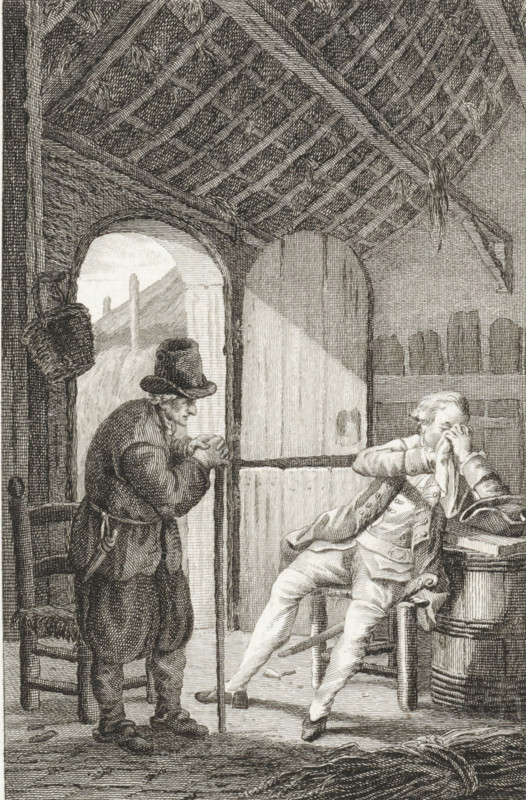 Old man in conversation with a gentleman in a farmhouse, print, printmaker: Reinier Vinkeles (I), Amsterdam, 1782, paper, etching, engraving, etching and engraving, height 208 mm x width 147 mm, Proof print of a print that was also used as an illustration in: Spectatoriaale schouwburg, behelzende eene collectie der beste zedelyke tooneelstukken, byeen gebragt uit alle, taalen van Europa. Vol. 11. Amsterdam: Pieter Meijer en Gerrit Warnars, p. 77., conversation, dialogue, conversation piece, farm (building), handkerchief, An interior scene rendered in fine pen lines shows a beamed ceiling with bundles tied to the rafters and crosshatched textures; a partially open door reveals an arched doorway and an exterior view with a sloping hill. Inside, a standing older man in a long coat and tall hat leans on a cane and grasps his hands together while facing a seated younger man. The seated man reclines on a chair with one leg extended and rests his elbow on a barrel, holding a cloth to his face...