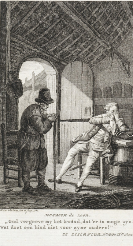 Old man in conversation with a gentleman in a farmhouse, print, inscription: 'Holbeen de zoon.', printmaker: Reinier Vinkeles (I), Amsterdam, 1782, paper, etching, engraving, etching and engraving, height 207 mm x width 147 mm, This print was also used as an illustration in: Spectatoriaale schouwburg, behelzende eene collectie der beste zedelyke tooneelstukken, byeen gebragt uit alle, taalen van Europa. Vol 11. Amsterdam: Pieter Meijer en Gerrit Warnars, p. 77., conversation, dialogue, conversation piece, farm (building), handkerchief, An interior scene rendered in fine black and white linework shows a thatched roof with visible beams and straw hanging down, an arched doorway opening to an exterior with a sloped hill, and a wooden door partly open. Inside, a standing older man wearing a brimmed hat, a long coat, and boots leans on a cane and clasps his hands, facing a seated younger man. The seated man reclines on a chair with one leg extended and rests one elbow on a barrel beside him...