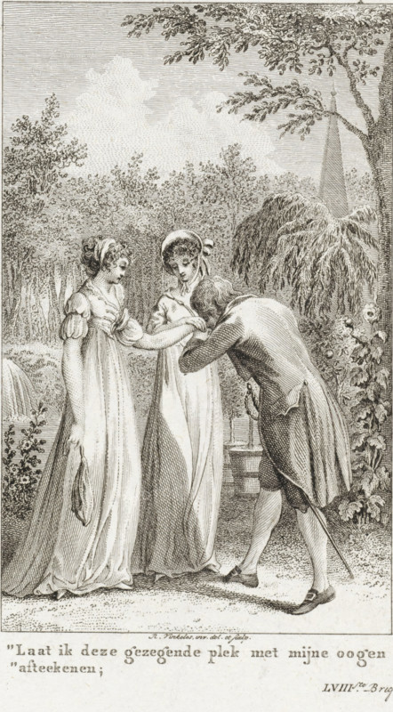 In a park a man kisses a woman's hand, Let me mark this blessed place with my eyes, print, printmaker: Reinier Vinkeles (I), Amsterdam, 1751 - 1816, Reinier Vinkeles (I), printmaker, paper, etching, engraving, etching and engraving, height 239 mm x width 158 mm, park, kissing the hand (lovers), A monochrome engraved scene shows three figures standing on a garden path surrounded by trees and foliage. Two women in long, high-waisted dresses stand side by side; one wears a bonnet and holds her hands together near her waist, the other has her hair up and extends an arm toward the man while holding a small cloth or purse in her other hand. A man in a coat and breeches bows toward the women, bending forward with one hand near the outstretched arm and the other holding a cane. Behind them are leafy trees, a tall slender spire or obelisk, and garden plants including a drooping willow-like tree and clustered flowers. The foreground shows textured ground and the lower edge of the engraving conta...