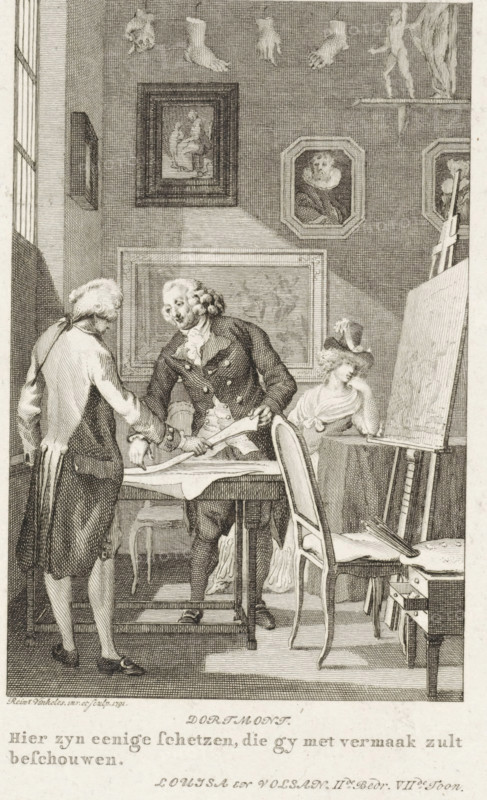 Man showing sketches to another man, print, In his studio, an artist shows sketches to an interested party. Paintings hang on the wall and models of body parts hang from the ceiling., printmaker: Reinier Vinkeles (I), Amsterdam, 1791, paper, etching, engraving, etching and engraving, height 213 mm x width 150 mm, This print may also have been used as an illustration in: Dejaure, Jean-Claude Bédéno. Louiza and Volsan: play in three acts. Amsterdam: heirs of Pieter Meijer and Gerrit Warnars, 1791., picture, painting, workshop, studio, painter, An interior scene rendered in fine line work shows three clothed figures gathered around a table; two men stand opposite each other, one facing the viewer with a powdered wig and buttoned coat while the other, seen from behind, wears a coat with a tied back hair ribbon and holds a rolled sheet on the table, and a seated woman with a hat and flowing dress leans on the table, resting her head on her hand. The room contains framed artworks on the wall...