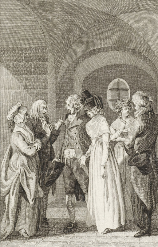 Two men and two women in conversation, print, printmaker: Reinier Vinkeles (I), Amsterdam, 1793, paper, etching, engraving, height 210 mm x width 147 mm, Proof print of a print that may also have been used as an illustration in: De Dorppredikant. Amsterdam: heirs of Pieter Meijer and Gerrit Warnars, 1793., conversation, dialogue, conversation piece, A detailed black and white engraving of six people standing under a vaulted stone ceiling, with arched brickwork and a small round window in the background; the group includes three women in long dresses and two men in period coats and breeches, one man holding a hat at his side and another with a hat tucked under his arm, while an older woman with a bonnet and shawl stands at the left; the figures face one another in conversation, showing varied hand gestures and turned heads, with fine crosshatching used to render clothing folds, facial features, hair styles, and the textured stone architecture.