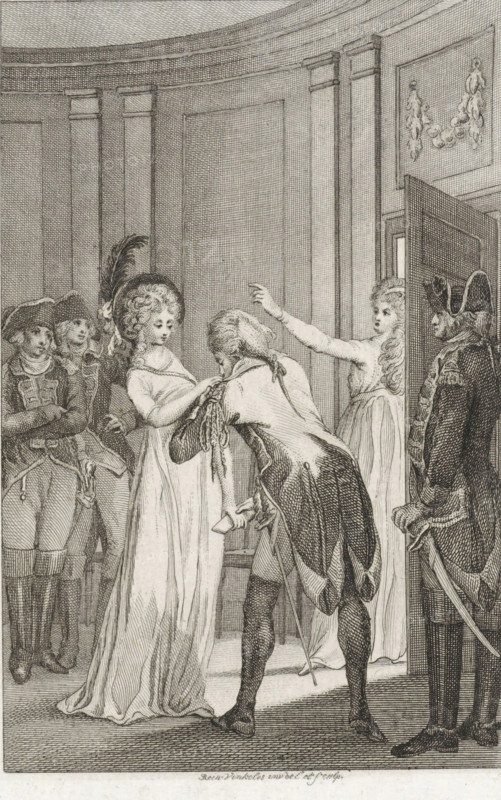 Man kisses a woman on her hand while she gives him a letter, print, printmaker: Reinier Vinkeles (I), Amsterdam, 1798, paper, etching, engraving, height 210 mm x width 146 mm, Proof print of a print that may also have been used as an illustration in: Kretschmar, F. De Belegering. Amsterdam: heirs of Pieter Meijer and Gerrit Warnars, 1798., letter, envelope, kissing the hand (lovers), index finger forwards, pointing, indicating, A monochrome engraving shows an interior with tall paneled walls and decorative moulding. In the foreground a young woman in a flowing gown and a plumed hat stands facing a bowed man who is touching the front of her dress while holding a rolled object; the man wears a coat with long tails, breeches, and stockings and leans on a slender cane. To the right a second young woman in a light dress stands in a doorway with one arm raised and an expressive face. Several uniformed men wearing tricorn hats and military coats stand nearby, two grouped on the left with fold...