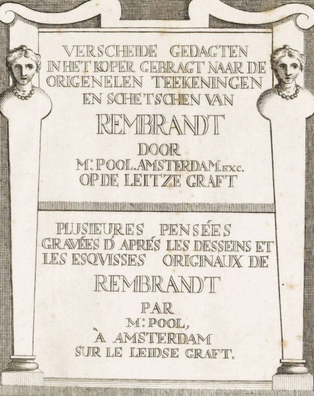 Title print for a series of prints after drawings by Rembrandt, Verscheide gedachten in het koper gebragt naar de origenelen teekeningen en Schetschen van Rembrandt, print, title print, Ornamental frame with caryatids on either side, bearing the title in Dutch and in French., printmaker: Matthijs Pool, Amsterdam, 1696 - 1727, paper, engraving, etching, gravure en ets, height 120 mm x width 98 mm, caryatids, architecture, A rectangular etched stone or paper panel with decorative vertical columns on each side topped by stylized busts of two women wearing necklaces, a curved ornamental header across the top, a horizontal band of fine vertical lines near the top, and another horizontal band of vertical lines lower down; the surface shows hand-engraved linear shading, small age spots, and an overall monochrome ink-on-paper appearance.