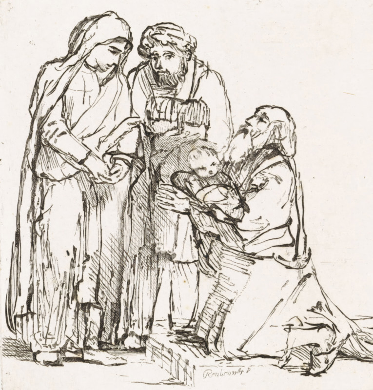 Presentation in the temple, Various thoughts engraved in copper after the original drawings and sketches by Rembrandt, print, Mary and Joseph have brought Christ to the temple. The high priest Simeon kneels with the Child in his arms., printmaker: Matthijs Pool, Amsterdam, after drawing by Rembrandt van Rijn, 1696 - 1727, paper, engraving, etching, engraving and etching, height 115 mm x width 108 mm, presentation of the Christ-child in the temple, usually Simeon (and Anna) present (Luke 2:22-39), A monochrome ink drawing shows three robed figures gathered closely, one standing on the left wearing a hooded garment and looking down with hands clasped, a central bearded figure with a head covering looking forward while holding a wrapped bundle, and a kneeling bearded man on the right holding an infant swaddled in cloth; the lines are sketchlike with crosshatching and varied strokes, and the background is blank.