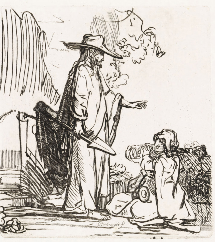 Christ appears to Mary Magdalene (Noli me tangere), Various thoughts engraved in copper after the original drawings and sketches by Rembrandt, print, Mary Magdalene kneels before Christ in a garden. He holds a spade in his hand and makes a blessing gesture., printmaker: Matthijs Pool, Amsterdam, after drawing by Rembrandt van Rijn, 1696 - 1727, paper, etching, engraving, height 121 mm x width 111 mm, Mary Magdalene kneeling before Christ, who is usually represented as a gardener with a hoe and, or a spade, 'Noli me tangere', A black ink line drawing shows a standing figure wearing a wide-brimmed hat and long robe, holding a shovel with one hand and extending the other hand outward; the figure has long hair and a beard and wears a cloak draped over the shoulders. Kneeling beside the standing figure is another person with a head covering and layered clothing, hands raised toward the face and a small round object at the waist. Background elements include stylized plants and foliage, a ver...