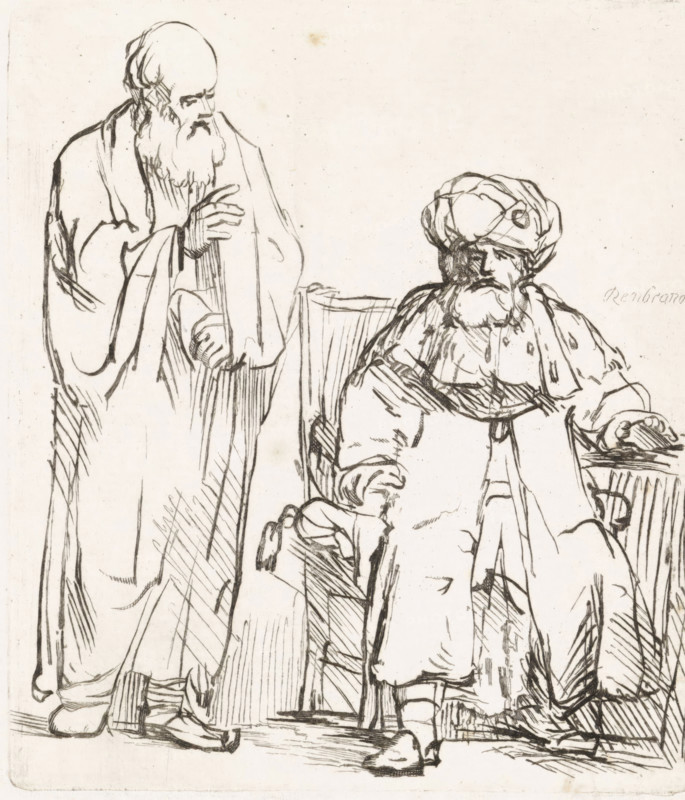 Nathan points out David's sins, Various thoughts engraved in copper after the original drawings and sketches by Rembrandt, print, The prophet Nathan stands beside David and addresses him. He points out to the king the sins he committed by killing Uriah and fathering a child with Bathsheba., printmaker: Matthijs Pool, Amsterdam, after drawing by Rembrandt van Rijn, 1696 - 1727, Matthijs Pool, Rembrandt van Rijn, printmaker, after drawing by, paper, etching, engraving, etching and engraving, height 109 mm x width 94 mm, David rebuked by Nathan, A pen-and-ink drawing of two robed men, one standing on the left with a long beard and flowing cloak and one seated on the right wearing a turban and voluminous garments; the standing figure has one hand raised near his chest and the other extended downward, while the seated figure rests an arm on a surface and has a large beard under the turban; both figures are rendered with loose, expressive lines and crosshatching, and the background is mostly...