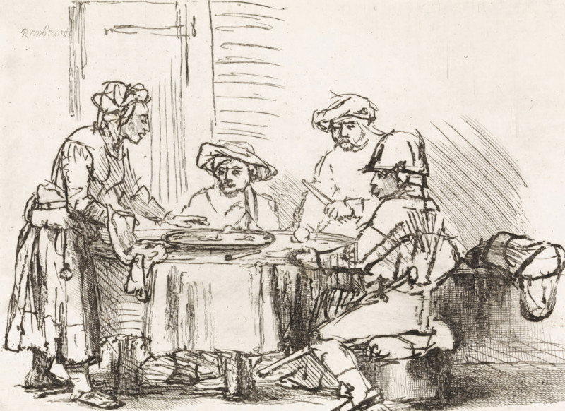 Saul at the Witch of Endor, Various thoughts engraved in copper after the original drawings and sketches by Rembrandt, print, Series number, 12, King Saul and his servants are sitting around a table. At Saul's request, the Witch of Endor summons the spirit of the prophet Samuel, his former advisor. The prophet predicts that Saul will lose the war and that his sons will perish because he had turned away from God., number: '378, 3.', printmaker: Matthijs Pool, Amsterdam, after drawing by Rembrandt van Rijn, 1696 - 1727, Matthijs Pool, Rembrandt van Rijn, printmaker, after drawing by, paper, etching, engraving, etching and engraving, height 114 mm x width 152 mm, Saul disguised as a soldier goes to the witch of Endor, A monochrome line drawing shows a domestic scene with a round table covered by a cloth and a shallow dish on top, surrounded by four figures wearing period clothing and headwear; one standing woman leans forward with an arm extended toward the table while another seated figu...