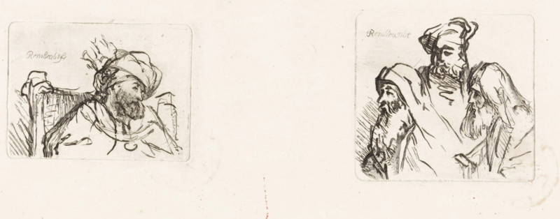 Representations of men with beards, Various thoughts engraved in copper after the original drawings and sketches by Rembrandt, print, Uncut sheet with two representations of men. Left: Bust of a man on a chair. Right: A group of three men with beards., printmaker: Matthijs Pool, Amsterdam, after drawing by Rembrandt van Rijn, 1696 - 1727, paper, etching, engraving, etching and engraving, uncut sheet, height 43 mm x width 58 mm x height 53 mm x width 57 mm, beard, A pale sheet with two separate rectangular ink sketches, one on the left showing a seated bearded man in a turban leaning to one side with a high-backed chair behind him, and one on the right depicting three bearded men grouped closely together wearing head coverings, all drawn with loose dark lines on a light background.