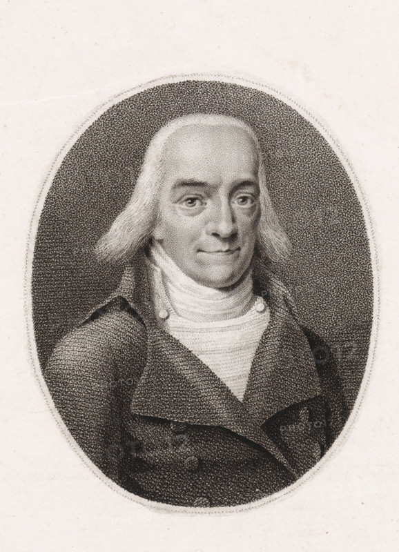 Portrait of writer Pieter Johannes Uylenbroek, print, printmaker: Ludwig Gottlieb Portman, unknown, after design by Derk Anthony van de Wart, 1787 - 1828, paper, stippelets, etching, stippelets and etching, proof print, height 247 mm x width 155 mm, Person, Pieter Johannes Uylenbroek, A black and white engraved portrait of a man shown from the chest up inside an oval frame, with shoulder-length hair that is light in tone and combed back, a high forehead, and a composed facial expression; he wears a high-collared shirt with layered cravat and a dark, textured coat with wide lapels, and the background within the oval is filled with fine stippling while the outer area is plain.