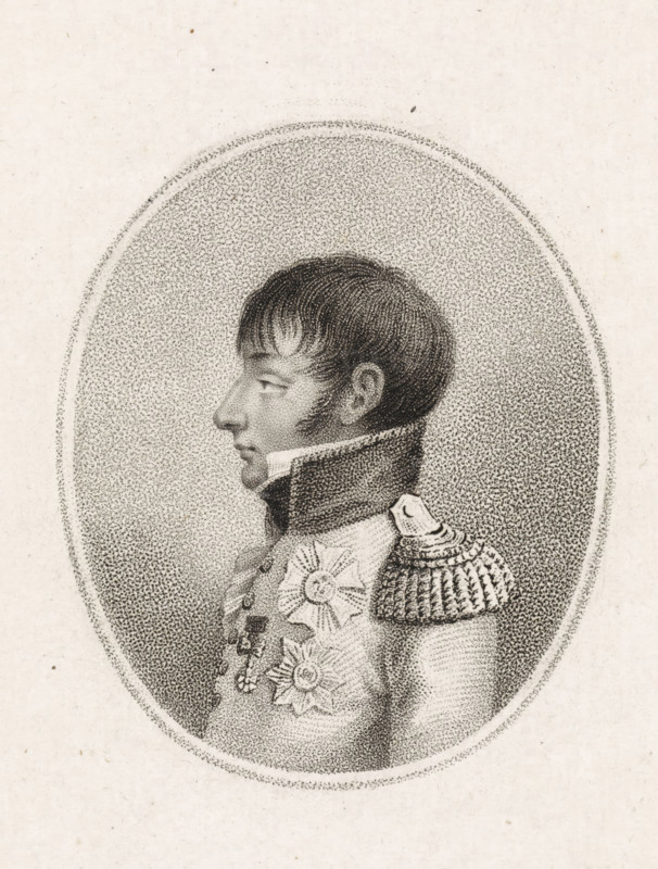 Portrait of Louis Napoleon Bonaparte, King of Holland, print, printmaker: Ludwig Gottlieb Portman, Amsterdam, after drawing by Otto Baron Howen, 1809, paper, stippelets, proof print, height 174 mm x width 119 mm, Person, Louis Napoleon (King of Holland), knighthood order, political history, Holland, Period, 1806 - 1810, A monochrome stippled portrait shows a left-facing male figure from the chest up inside an oval frame, with short dark hair and sideburns, a high stiff collar, a decorated military coat featuring ornate shoulder epaulet and multiple floral-shaped medals on the chest, and a textured oval background surrounded by a thin double border.