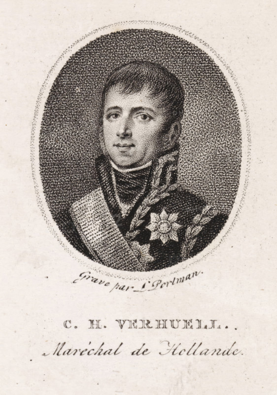 Portrait of Carel Hendrik Ver Huell, Marshal of Holland, print, printmaker: Ludwig Gottlieb Portman, Amsterdam, 1806 - 1828, paper, stippelets, etching, stippelets and etching, height 107 mm x width 81 mm, Person, Carel Hendrik Ver Huell, An oval engraving of a man shown from the chest up, with short hair and a high collar, wearing a uniform with a sash and a decorative star-shaped medal surrounded by laurel leaves, set against a densely stippled oval background and framed by a dotted border, with printed lines of text below the portrait.