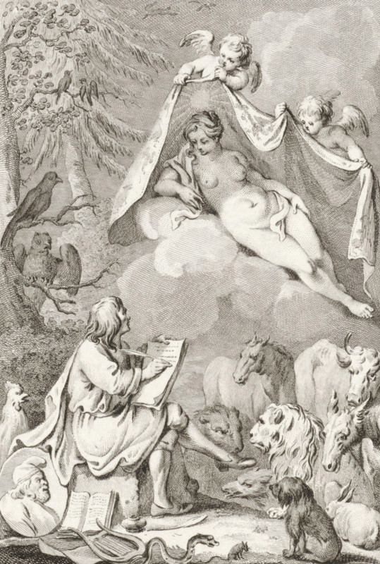 Allegory with the writer Jean de La Fontaine and his muse, print, In a forest, a writer, possibly Jean de La Fontaine, is inspired by a female personification of Truth, who is revealed by two putti. Various animals have gathered around him. In the foreground, a lyre and a profile portrait of the Greek fabulist Aesop., printmaker: Reinier Vinkeles (I), Amsterdam, after drawing by Jacobus Buys, 1786, paper, etching, engraving, height 235 mm x width 152 mm, Proof print of illustration for: La Fontaine, Jean de. Fables. Amsterdam: Johannes Allart and Gerrit Warnars, Harlingen: Van der Plaats, 1803., Person, Aesopus, Truth, 'Verità' (Ripa), snakes, author, poet writing, A reclining nude woman rests on clouds beneath a draped cloth held aloft by two winged cherubs, one at each side, while a third cherub leans over the cloth from above; below them a seated figure with long hair and flowing robes writes on a slanted tablet, surrounded by various animals including a horse, a cow, a lion, a goat...