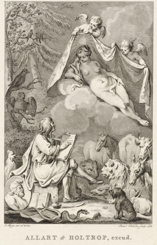 Allegory with the writer Jean de La Fontaine and his muse, print, In a forest, a writer, possibly Jean de La Fontaine, is inspired by a female personification of Truth, who is revealed by two putti. Various animals have gathered around him. In the foreground, a lyre and a profile portrait of the Greek fabulist Aesop., printmaker: Reinier Vinkeles (I), Amsterdam, after drawing by Jacobus Buys, publisher: Allart en Holtrop, 1786, paper, etching, engraving, height 237 mm x width 151 mm, Proof print of illustration for: La Fontaine, Jean de. Fables. Amsterdam: Johannes Allart and Gerrit Warnars, Harlingen: Van der Plaats, 1803., Person, Aesopus, Truth, 'Verità' (Ripa), snakes, author, poet writing, A reclining nude woman rests on a cloud while two winged cherubs hold a draped cloth above her, a leafy tree with perched birds appears at the upper left, and a seated man with long hair and draped clothing writes in a book on a raised stool below. Surrounding the seated man are various animals ...