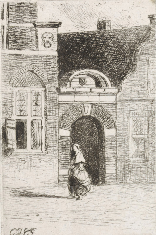 Brick gate in a street, print, View of a brick gate between houses. A folded figure walks in the street., printmaker: Gijsbertus Johannes Verspuy, Netherlands, 1833 - 1862, paper, chine collé, etching, etching on chine collé, proof print, height 57 mm x width 50 mm, gate, entrance, A narrow architectural scene shows a section of a brick building with arched doorways and windows rendered in fine linework. One arch contains a dark recessed entrance beneath a decorated keystone, and a woman wearing a cloak and long dress is standing or walking near that entrance, her head covered by a hood or shawl. To the left, a tall window with small panes sits beneath a pointed arch, and above the doorway a rounded decorative element is set into the wall. The roofline and chimney are sketched with crosshatched shading, and the ground in front of the building is lightly textured with horizontal strokes.