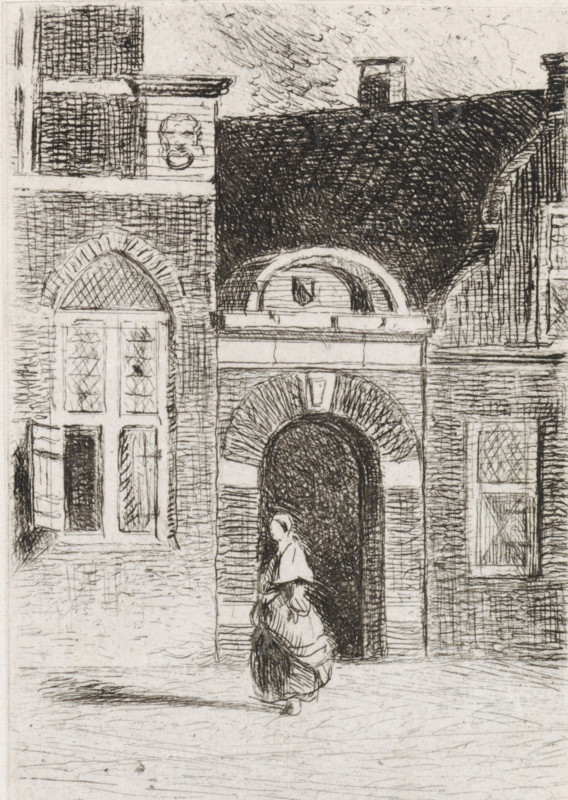 Brick gate in a street, print, View of a brick gate between houses. A folded figure is walking in the street. bottom right N.1., printmaker: Gijsbertus Johannes Verspuy, Netherlands, 1833 - 1862, paper, chine collé, etching, etching on chine collé, height 57 mm x width 50 mm, gate, entrance, A detailed pen-and-ink scene of a brick building facade with arched doorways and windows, showing textured crosshatching for shadow and roof shading, an ornate stone lintel above a rounded arch, diamond-paned window panes, and a cloaked figure standing near the central arched entrance, wearing layered clothing and a head covering, with a suggestion of a shadow on the ground and fine linework defining bricks and architectural details.