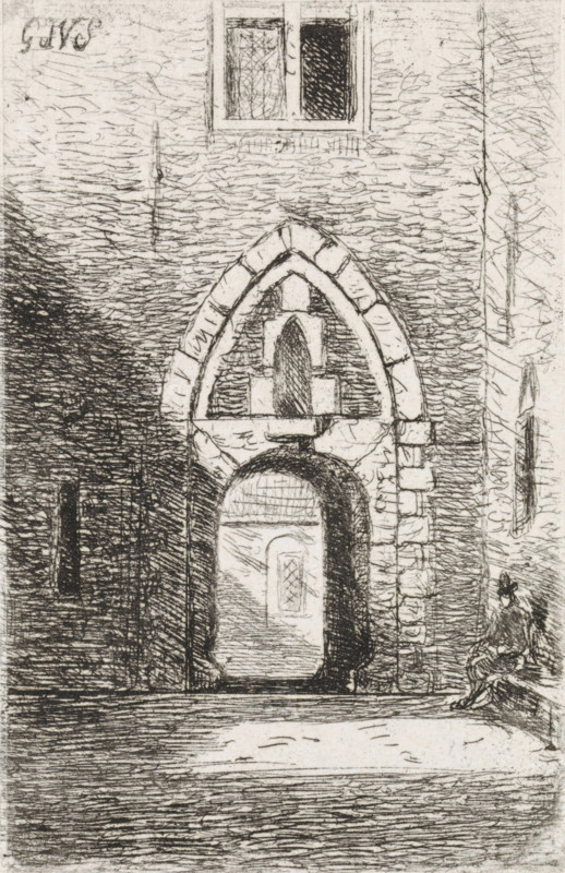 View of a gate, print, View of a gate. On the left a seated figure on a bench., printmaker: Gijsbertus Johannes Verspuy, Netherlands, 1833 - 1862, paper, chine collé, etching, etching on chine collé, proof print, height 77 mm x width 50 mm, gate, entrance, A monochrome etching of a stone building facade with a pointed arched doorway set into a larger rounded arch, detailed masonry blocks around the arch, and a recessed inner doorway visible through the arch. Above the arch is a small pointed tracery element and a rectangular window with two panes, one darker than the other. The wall surface is rendered with dense horizontal and scribbled hatch marks. To the right of the doorway a seated figure wearing a hat is sketched near the edge of the composition. The ground in front shows textured horizontal lines indicating a paved or worn surface.