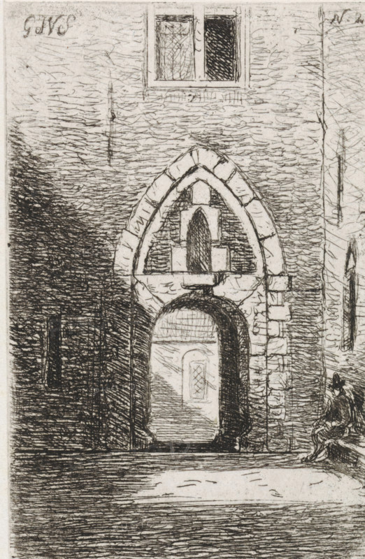 View of a gate, print, View of a gate. On the left, a seated figure on a bench. Top right N.2., printmaker: Gijsbertus Johannes Verspuy, Netherlands, 1833 - 1862, paper, chine collé, etching, etching on chine collé, height 77 mm x width 50 mm, gate, entrance, A detailed black and white etching of a stone building facade showing a pointed arched doorway formed of carved blocks, with a smaller rounded arch set beneath and a recessed panel inside the entrance that contains a small window with a diamond lattice pattern. Above the pointed arch is a narrow rectangular window divided into two panes, one of which is heavily shaded. The surrounding wall surface is textured with horizontal and swirling hatch marks suggesting rough masonry. To the right of the doorway a partial figure sits on a low step, wearing a long cloak and a hat with a brim, facing slightly inward. The foreground shows a flat, lightly hatched ground plane.