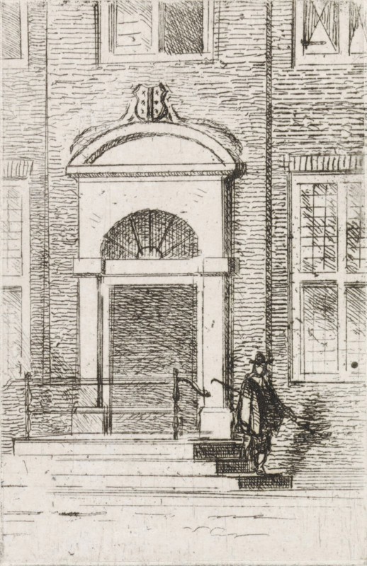 Man on a staircase at the door of a house, print, printmaker: Gijsbertus Johannes Verspuy, Netherlands, 1833 - 1862, paper, chine collé, etching, etching on chine collé, proof, height 78 mm x width 50 mm, front steps, monumental door, porch, 'aediculum', A detailed pen-and-ink drawing shows a portion of a brick building facade with a grand entrance featuring a rounded pediment topped by a decorative crest and flanked by pilasters, an arched fanlight above a recessed doorway, a small raised stoop with railings, and adjacent tall windows with multiple panes; a figure wearing a coat and tricorne-style hat stands on the steps near the entrance casting a shadow, and fine hatching and crosshatching lines render the textures of brick, stone, and shadow throughout the scene.