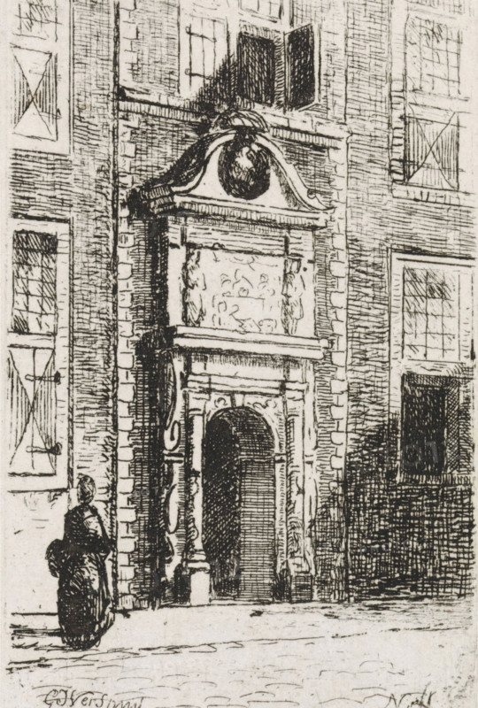 Lazaruspoort in Gouda, print, printmaker: Gijsbertus Johannes Verspuy, Netherlands, 1833 - 1862, paper, chine collé, etching, etching on chine collé, height 77 mm x width 50 mm, gate, entrance, Gouda, Lazarus Gate, A detailed black and white etching of a building facade showing a tall ornate doorway with carved columns and a rounded arch, a decorative pediment above the entrance containing a circular medallion, rectangular windows with crosshatched panes and shutters, textured brickwork, and a cobbled street in front; a standing figure in period clothing is positioned near the left edge facing the doorway.