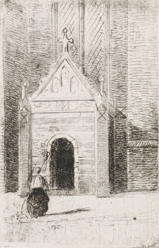 Woman at a church portal, print, printmaker: Gijsbertus Johannes Verspuy, Netherlands, 1833 - 1862, paper, chine collé, etching, etching on chine collé, height 77 mm x width 50 mm, parts of church exterior and annexes: portal, A monochrome etched scene showing a tall ornate doorway set into a textured wall, with a pointed gable above the entrance topped by a decorative finial and flanked by narrow vertical architectural elements, the doorway set within a rounded arch leading into a dark interior; in front of the doorway a figure with a skirt or cloak is seated or kneeling facing the entrance, and a second smaller figure stands nearby, both rendered with sketchy lines; the surrounding surfaces are filled with crosshatched and linear shading, creating vertical bands of texture on the walls and subtle ground lines beneath the figures.
