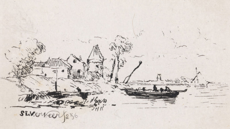 Figures in a sloop near houses on a river, print, printmaker: Salomon Leonardus Verveer, The Hague, 1856, paper, chine collé, etching, etching on chine collé, height 76 mm x width 112 mm, rowing-boat, canoe, village, river (landscape with figures, staffage), A simple ink sketch on light paper shows a riverside scene with a cluster of small buildings and a tower on a gently sloping bank, flanked by a few leafy trees with loose, rounded foliage. In the foreground a long, low boat with several seated figures is drawn on calm water, with reflected lines beneath it. Additional small boats and shoreline details appear near the bank, and sparse short strokes and dots indicate distant water and sky. The drawing uses thin, varied ink lines and some darker shaded areas to suggest shadow and texture.