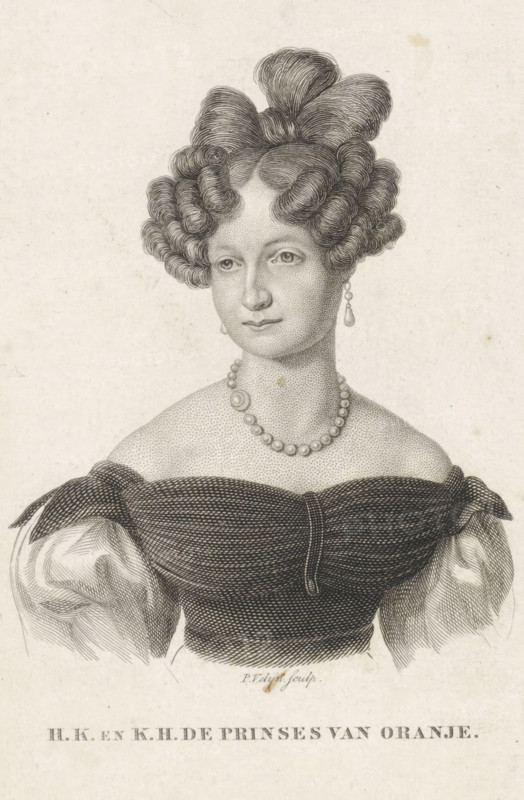 Portrait of Anna Paulowna Romanowa, print, Portrait of Anna Paulowna Romanowa. Her title in the lower margin., printmaker: Philippus Velijn, Netherlands, 1816 - 1836, paper, etching, engraving, etching and engraving, height 114 mm x width 75 mm, Person, Anna Paulowna Romanowa, A detailed black and white engraved portrait of a woman shown from the chest upward, with a high stylized hairstyle composed of tightly curled sections gathered into a top knot, an oval face with soft features and a composed expression, and earrings with a drop shape. She wears a beaded necklace and an off-the-shoulder dress with a dark, textured bodice and puffed sleeves with visible fabric folds. The image has a plain, lightly textured background.