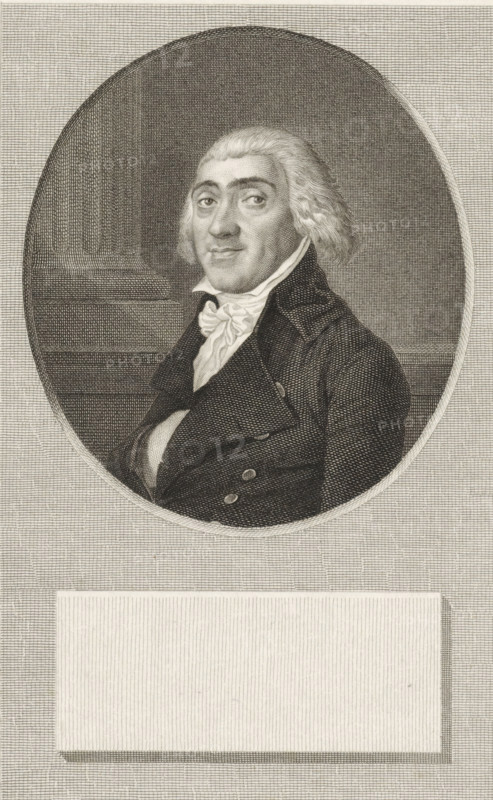 Portrait of Josephus Augustinus Brentano, print, art collector in Amsterdam., printmaker: Philippus Velijn, Netherlands, after painting by P. de Rosse, 1797 - 1836, paper, etching, engraving, height 245 mm x width 157 mm, Person, Josephus Augustinus Brentano, A monochrome engraved portrait of a man shown from the chest up inside an oval frame, with short wavy hair brushed back and side curls, a high-collared shirt with a tied cravat, and a dark double-breasted coat with visible buttons; the man faces slightly toward the viewer with a neutral expression, and the oval is set against a textured lined background with a blank rectangular panel beneath it.