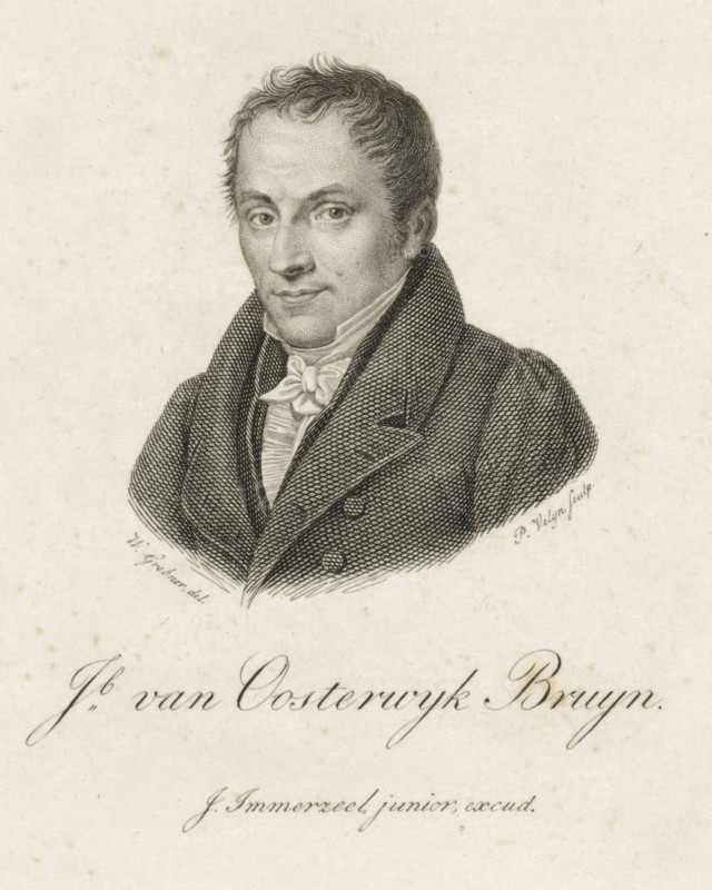 Portrait of Jacob van Oosterwijk Bruyn, print, humorous poet in Amsterdam., printmaker: Philippus Velijn, Netherlands, after drawing by Willem Grebner, publisher: Johannes Immerzeel, 1833, paper, etching, engraving, etching and engraving, height 120 mm x width 112 mm, According to Van Someren print used in: Nederlandsche Muzen-Almanak. J. Immerzeel, 1833., Person, Jacob van Oosterwijk Bruyn, A detailed black and white engraved portrait of a man shown from the chest upward wearing a high-collared coat and a cravat tied at the neck, with short wavy hair, prominent eyebrows, and a calm facial expression; fine crosshatching and stippling create shading and texture on the face, clothing, and background, and cursive script appears below the portrait.