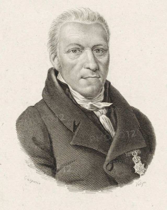Portrait of Maurits Cornelis van Hall, print, Portrait of the Amsterdam lawyer and notary Maurits Cornelis van Hall, with Order of Knighthood., FMP 2146-d, printmaker: Philippus Velijn, Netherlands, after drawing by Hendrik Willem Caspari, 1827, paper, etching, engraving, height 129 mm x width 105 mm, Person, Maurits Cornelis van Hall, A monochrome engraved portrait of an older man shown from the chest up, with short swept-back hair and sideburns, wearing a high-collared coat and a cravat tied around his neck; his face is detailed with fine lines showing skin texture and a neutral expression, and a decorative medal pinned to his coat is visible near the lower edge of the image.