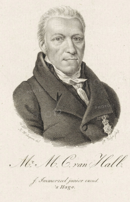 Portrait of Maurits Cornelis van Hall, print, Portrait of the Amsterdam lawyer and notary Maurits Cornelis van Hall, with Order of Knighthood., printmaker: Philippus Velijn, Netherlands, after drawing by Hendrik Willem Caspari, publisher: Johannes Immerzeel, 1827, paper, etching, engraving, etching and engraving, height 129 mm x width 105 mm, Person, Maurits Cornelis van Hall, A black and white engraved portrait of an older man shown from the chest up, wearing a dark coat with wide lapels and a light scarf tied at the neck, with a decorative medal pinned to his coat; he has short, combed-back hair, pronounced facial lines, and a neutral expression while looking slightly toward the viewer, set against a plain textured background.