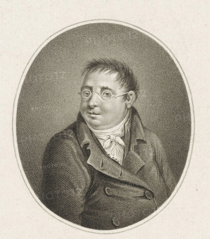Portrait of Jan Fredrik Helmers, print, poet and merchant in Amsterdam., FMP 2288-b, printmaker: Philippus Velijn, Netherlands, 1797 - 1836, paper, etching, engraving, height 197 mm x width 114 mm, Person, Jan Frederik Helmers, eyeglasses, spectacles, A monochrome oval portrait shows a middle-aged person with short hair and round spectacles, wearing a high-collared shirt with a tied neckerchief and a double-breasted coat; the background inside the oval is filled with a fine stippled texture while the outer area is plain.