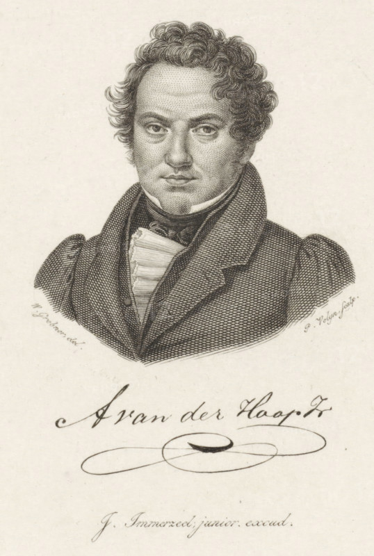 Portrait of Adriaan van der Hoop Jr'sz, print, Portrait of the Rotterdam merchant and poet Adriaan van der Hoop Jr'sz., printmaker: Philippus Velijn, Netherlands, after drawing by Willem Grebner, publisher: Johannes Immerzeel, 1832, paper, etching, engraving, etching and engraving, height 125 mm x width 103 mm, According to Van Someren print also used in: Nederlandsche Muzen-Almanak. Rotterdam: J. Immerzeel, 1832., Person, Adriaan van der Hoop Juniorsz., A detailed black and white engraved portrait of a man shown from the chest up, with curly hair, a high forehead, and closely set eyes looking forward, wearing a high-collared coat and a layered cravat or neckcloth, the coat rendered with fine crosshatching and textured shading, and a decorative flourish visible below the portrait.