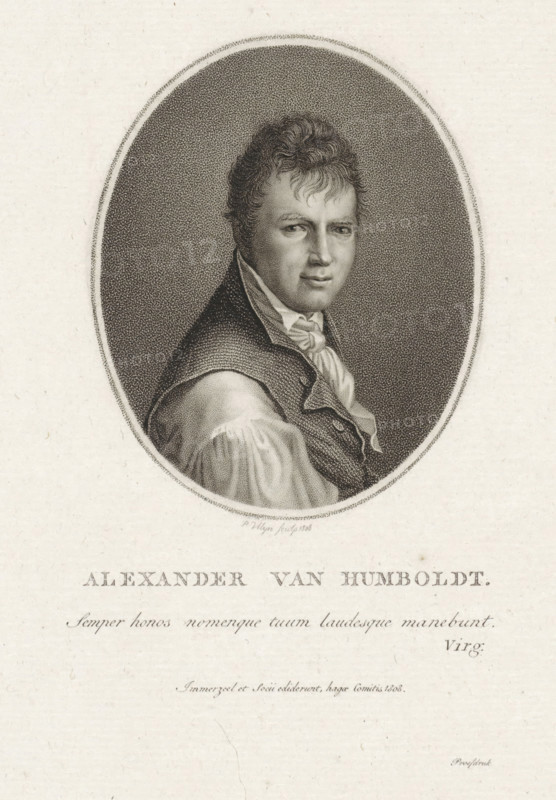 Portrait of Alexander van Humboldt, print, physicist and botanist., FMP 2650-b, printmaker: Philippus Velijn, publisher: Immerzeel & Comp., The Hague, 1808, paper, etching, engraving, height 243 mm x width 150 mm, Person, Alexander von Humboldt, An oval framed black and white engraved portrait of a man shown from the chest up, facing slightly toward the viewer's left, with short wavy hair and a serious facial expression, wearing a high-collared shirt with a neck cloth and a dark textured coat, set against a stippled dark background and surrounded by a light paper margin.