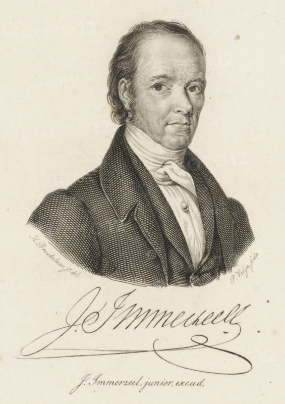 Portrait of Johannes Immerzeel, print, Portrait of the publisher Johannes Immerzeel. His signature is below the portrait., printmaker: Philippus Velijn, Netherlands, after drawing by Hendrik Breukelaar, publisher: Johannes Immerzeel, 1797 - 1836, paper, etching, engraving, etching and engraving, height 130 mm x width 101 mm, Person, A monochrome engraved portrait of a man shown from the chest up facing slightly to the viewer's right, with short wavy hair and sideburns, wearing a high-collared shirt with a cravat and a dark textured coat with wide lapels; the facial features are detailed with fine stippling and crosshatching, and there is flowing cursive script below the bust along with smaller printed script near the bottom edge.