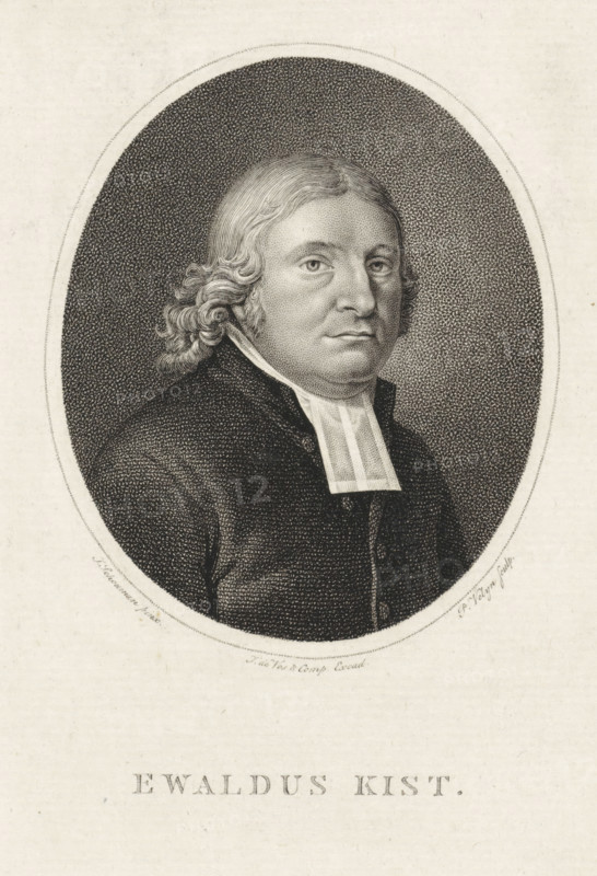 Portrait of Ewaldus Kist, print, minister in Dordrecht., printmaker: attributed to workshop of Philippus Velijn, Netherlands, after painting by J. Schouman, publisher: Vos & Comp., J. de, 1797 - 1836, Philippus Velijn, Attributed to, paper, etching, engraving, etching and engraving, height 252 mm x width 148 mm, Person, Ewaldus Kist, An oval engraving of a middle-aged man shown from the chest up, facing slightly to his left, with wavy hair that reaches his collar and a composed facial expression; he wears a dark formal garment with a white clerical collar, and the background inside the oval is textured with dense dot shading while the surrounding paper is pale and mostly blank.
