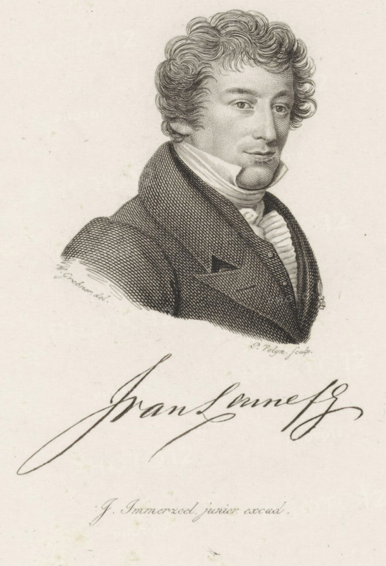 Portrait of Jacob van Lennep, print, Portrait of the poet and historian Jacob van Lennep, printmaker: Philippus Velijn, Netherlands, after drawing by Willem Grebner, publisher: Johannes Immerzeel, 1832, paper, etching, engraving, etching and engraving, height 127 mm x width 99 mm, Print according to Van Someren also used in: Nederlandsche Muzen-Almanak. Rotterdam: J. Immerzeel, 1832., Person, Jacob van Lennep, A black and white engraved portrait of a man shown from the chest up, facing slightly to the viewer's right, with curly hair, defined eyebrows, and a composed facial expression, wearing a high-collared shirt with visible layered folds and a dark textured coat with a wide lapel.