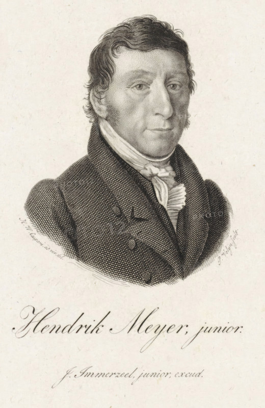 Portrait of Hendrik Meyer, print, merchant and poet in Amsterdam and Kampen., printmaker: Philippus Velijn, Netherlands, after drawing by Hendrik Willem Caspari, publisher: Johannes Immerzeel, 1829, paper, etching, engraving, etching and engraving, height 142 mm x width 110 mm, Print according to Van Someren also used in: Nederlandsche Muzen-Almanak. Rotterdam: J. Immerzeel, 1829., Person, Hendrik Meyer, A black and white engraved portrait of a man shown from the chest up, with short wavy hair and sideburns, wearing a high-collared coat over a cravat and ruffled shirt; the engraving uses fine crosshatching and stippling for facial shading and clothing texture against a plain light background.