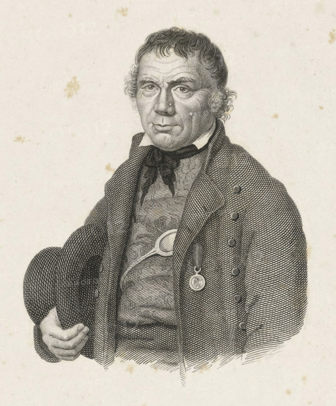 Portrait of Frans Naerebout, print, Half-length portrait of Frans Naerebout, with the pinned medal of merit for his rescue of the 87 crew members of the VOC ship Woestduin (Woestduyn), which ran aground at the Noorderrassen on July 24, 1779., Van Someren 3839, printmaker: Philippus Velijn, Netherlands, 1797 - 1836, paper, etching, engraving, etching and engraving, height 244 mm x width 151 mm, Person, Frans Naerebout, Period, 1779-07-24, A detailed black and white engraved portrait of a middle-aged man shown from the waist up, wearing a textured coat with visible buttons and a high-collared shirt tied with a dark neckerchief, his hair short and wavy with curls at the temples, his face rendered with stippled shading and a neutral expression, one hand holding a rounded hat at his side, a shallow medallion suspended from his coat, and a plain, lightly spotted background.