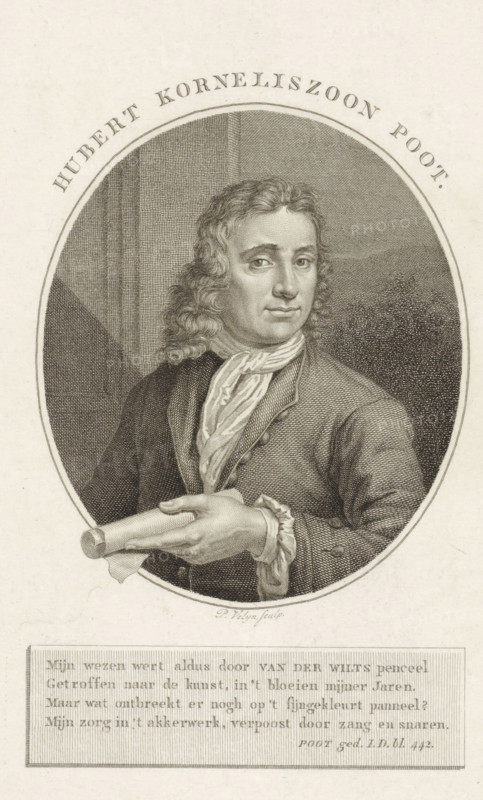 Portrait of Hubert Korneliszoon Poot, print, poet and farmer in Abtswoude. In his hand a roll of paper., printmaker: Philippus Velijn, Netherlands, after painting by Thomas van der Wilt, writer (clerical worker): Hubert Kornelisz. Poot, 1797 - 1836, writer (clerical worker), paper, etching, engraving, etching and engraving, height 233 mm x width 157 mm, Person, An engraved oval portrait shows a man from the chest up wearing a dark coat and a light, loosely draped neckcloth, with shoulder-length wavy hair and a calm facial expression; he holds a rolled object in one hand near his waist, and the background inside the oval contains areas of textured shading and architectural lines while outside the oval the surrounding paper is plain.