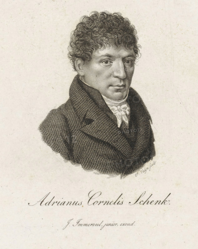 Portrait of Adrianus Cornelis Schenk, print, Portrait of the poet and translator Adrianus Cornelis Schenk., printmaker: Philippus Velijn, Netherlands, publisher: Johannes Immerzeel, 1832, paper, etching, engraving, etching and engraving, height 132 mm x width 106 mm, Person, Adrianus Cornelis Schenk, A detailed black and white engraved portrait of a man shown from the chest up wearing a high-collared coat with textured pattern and a cravat at his neck, his face rendered with fine stippling and line work, short curly hair, neutral expression, and a light background with visible paper texture.