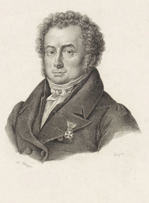 Portrait of Rijer Hendrik van Someren, print, Portrait of the poet Rijer Hendrik van Someren, with knightly order., printmaker: Philippus Velijn, Netherlands, after drawing by de Meyer, 1834, paper, etching, engraving, height 130 mm x width 104 mm, Later state of print according to Van Someren also used in: Nederlandsche Muzen-Almanak. J. Immerzeel, 1834., Person, Rijer Hendrik van Someren, A monochrome engraved portrait of a man shown from the chest up, with tightly curled hair and sideburns, a high-collared shirt with a tied neckcloth, and a dark textured coat draped over his shoulders; his face is rendered with fine stippling and hatching, showing a calm expression and direct gaze, and a decorative star-shaped medal is pinned to his coat.