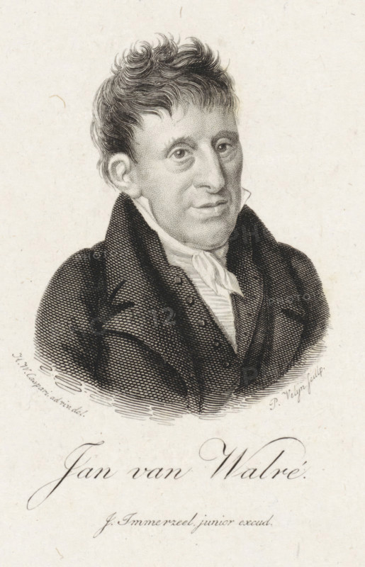 Portrait of Jan van Walré, print, publisher and writer in Haarlem., printmaker: Philippus Velijn, Netherlands, after drawing by Hendrik Willem Caspari, publisher: Johannes Immerzeel, 1826, paper, etching, engraving, etching and engraving, height 125 mm x width 107 mm, Print according to Van Someren also used in: Nederlandsche Muzen-Almanak. Rotterdam: J. Immerzeel, 1826., Person, Jan van Walré, A black and white engraved portrait of a man shown from the shoulders up, with short wavy hair and a high-collared coat layered over a waistcoat and a tied neckcloth; his face is rendered with stippled shading, visible eyes looking slightly to the side, a straight nose, and closed lips, set against a plain light background with subtle paper texture.