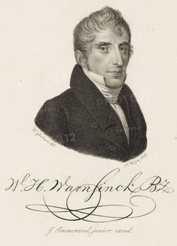 Portrait of Willem Hendrik Warnsinck, print, poet in Amsterdam., printmaker: Philippus Velijn, Netherlands, after drawing by Willem Grebner, publisher: Johannes Immerzeel, Rotterdam, 1831, paper, etching, engraving, etching and engraving, height 130 mm x width 102 mm, Print probably from: Nederlandsche Muzen-Almanak, 1831., Person, Willem Hendrik Warnsinck, A monochrome engraved portrait of a man shown from the chest up wearing a dark double-breasted coat with a high collar and a light cravat wrapped around his neck, his hair is styled in short waves with sideburns, his face is turned slightly toward the viewer with a neutral expression, fine dot and line shading creates texture on his skin, hair, and clothing, and ornate cursive calligraphic flourishes occupy the lower portion of the image.