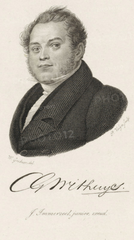 Portrait of Carel Godfried Withuys, print, Portrait of the poet and literary figure Carel Godfried Withuys., printmaker: Philippus Velijn, Netherlands, after drawing by Willem Grebner, publisher: Johannes Immerzeel, 1831, paper, etching, engraving, etching and engraving, height 130 mm x width 103 mm, Print according to Van Someren used in: Nederlandsche Muzen-Almanak. Rotterdam: J. Immerzeel, 1831., Person, Carel Godfried Withuys, A monochrome engraved portrait of a man shown from the chest upward, facing slightly to his right with a calm expression, short wavy hair, and sideburns; he wears a high-collared shirt and a dark textured coat with wide lapels, and the background is plain.