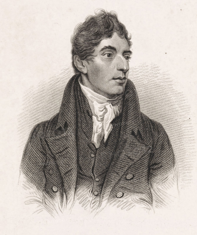 Portrait of the English writer Robert Southey, print, printmaker: Daniël Veelwaard (I), Amsterdam, after painting by Thomas Lawrence, 1828 - 1851, paper, etching, stippelets, engraving, roulette, engraving and roulette, proof print, height 221 mm x width 141 mm, Person, Robert Southey, A monochrome engraved portrait of a young man shown from the chest up, rendered with fine stippling and hatching; he has short wavy hair, arched eyebrows, and a straight nose, and he looks slightly to his right; he wears a high-collared shirt with a cravat and a dark double-breasted coat with wide lapels and visible buttons, the shading and texture of the coat created by dense linework, and the background is a light plain area with subtle dotted shading around the figure.