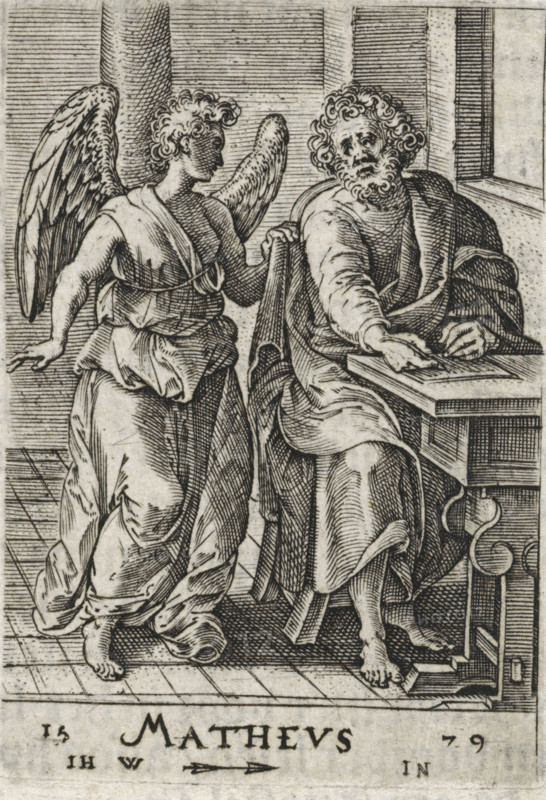 Matthews, Evangelist Matthew, Four Evangelists, print, book illustration, The evangelist Matthew is writing his gospel in a room at his writing desk. The angel stands beside him., printmaker: attributed to Johannes Wierix, Antwerp, publisher: Nicolaes de Clerck, Delft, 1579, 1609, Attributed to, paper, engraving, letterpress printing, gravure, verso letterpress, height 56 mm x width 38 mm, Print used as illustration in: Const-toonneel, inhoudende de beschrijvinghe ende XL. Wonderful images of them: Our Lord Jesus Christ, with his apostles and the evangelists, together with the chief virtues and the vices. And finally the seven planets. Carved in copper by Johannis Wierix. The description is, 1609., St. Matthew writing the Gospel, usually the angel present, dictating or assisting him, An ink engraving shows two robed figures in an interior with tiled floor and paneled walls; one figure with large feathered wings and curly hair stands barefoot, wearing flowing drapery gathered at the wai...