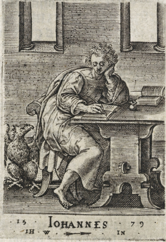 John, Evangelist John, Four Evangelists, print, book illustration, John the Evangelist is writing his Gospel at a table in his study. The eagle is sitting behind his chair., printmaker: attributed to Johannes Wierix, Antwerp, publisher: Nicolaes de Clerck, Delft, 1579, 1609, Attributed to, paper, engraving, letterpress printing, gravure, verso letterpress, height 57 mm x width 40 mm, Print used as illustration in: Const-toonneel, inhoudende de beschrijvinghe ende XL. Wonderful images of them: Our Lord Jesus Christ, with his apostles and the evangelists, together with the chief virtues and the vices. And finally the seven planets. Carved in copper by Johannis Wierix. The description is, 1609., St. John the Evangelist writing the Gospel, usually the eagle present, A seated figure in draped robes leans on a table with one elbow propped and a hand supporting the head, the other hand holding a writing instrument over an open book; the figure has curly hair and a contemplative facial express...