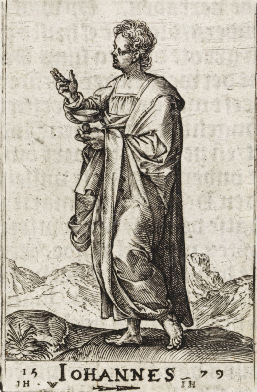 St. John the Evangelist, John, Christ and the twelve apostles, and St. Paul, print, book illustration, Landscape with the apostle John the Evangelist. In one hand he holds the chalice, with the other he makes a blessing gesture., printmaker: attributed to Johannes Wierix, Antwerp, publisher: Nicolaes de Clerck, Delft, 1579, 1609, Attributed to, paper, engraving, letterpress printing, gravure, verso letterpress, height 57 mm x width 37 mm, Print used as illustration in: Const-toonneel, inhoudende de beschrijvinghe ende XL. Wonderful images of them: Our Lord Jesus Christ, with his apostles and the evangelists, together with the chief virtues and the vices. And finally the seven planets. Carved in copper by Johannis Wierix. The description is, 1609., the apostle John the Evangelist, possible attributes: book, cauldron, chalice with snake, eagle, palm, scroll, A monochrome engraving shows a standing figure in long flowing robes with detailed folds, one arm raised with fingers extended and ...