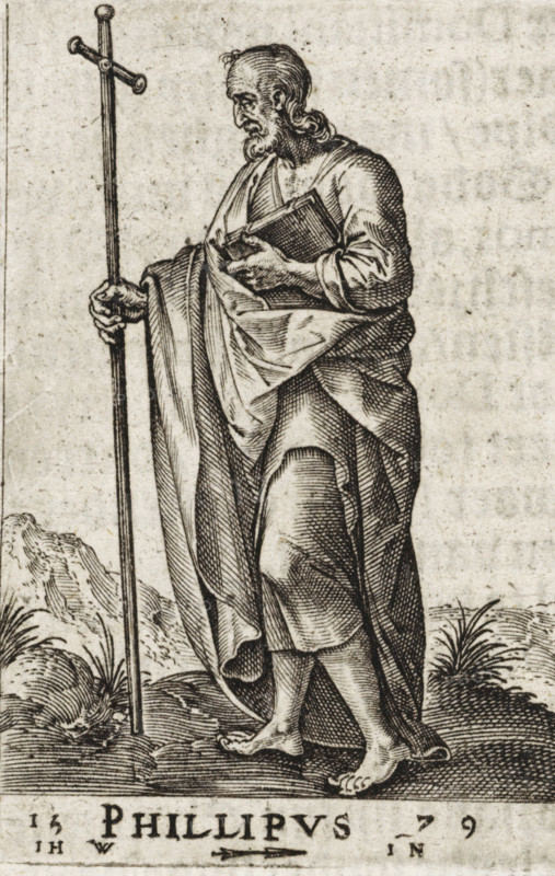 Phillipus, St. Philip, Christ and the twelve apostles, and St. Paul, print, book illustration, Landscape with the apostle Philip. In one hand he holds a book, in the other a cross staff., printmaker: attributed to Johannes Wierix, Antwerp, publisher: Nicolaes de Clerck, Delft, 1579, 1609, Attributed to, paper, engraving, letterpress printing, gravure, verso letterpress, height 58 mm x width 38 mm, Print used as illustration in: Const-toonneel, inhoudende de beschrijvinghe ende XL. Wonderful images of them: Our Lord Jesus Christ, with his apostles and the evangelists, together with the chief virtues and the vices. And finally the seven planets. Carved in copper by Johannis Wierix. The description is, 1609., the apostle Philip, possible attributes: book, cross, dish with snake, lance, scroll, stone, sword, A standing bearded man wearing draped robes holds a tall staff topped with a simple cross shape in one hand and a closed book against his chest with the other, his head turned slightly...